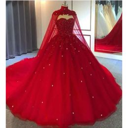 Vestidos de noiva vestido de bola vermelha vestido de noiva escuro decote de coração de coração com capa apliques de tule tule sweep trem personalizado feito plus size vestido de novia