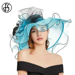 Wide Brim Hats Bucket Hats FS Summer Fascinator Wedding Cap Wide Brim Beach Organza Church Hat For Women Elegant Ladies Blue Pink Flower Kentucky Hats 2024 Y240426