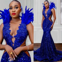 Aso Ebi Royal Blue 2024 Mermaid Prom Dress Crystals in rilievo con sequenza sequenza Formale Secondo ricevimento Accogliente abiti da fidanzamento