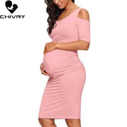 Maternity Dresses Chivry New Pregnant Womens Dress Moms O-neck Solid Sexy Shoulder Body Casual Q240427