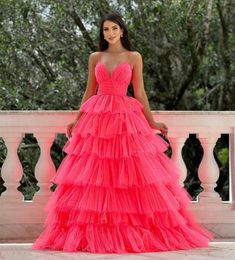 Elegant Long Watermelon V-Neck Tulle Prom Dresses with Ruffles A-Line Spaghetti Straps Tiered Pleated Floor Length Zipper Back Prom Dresses for Women