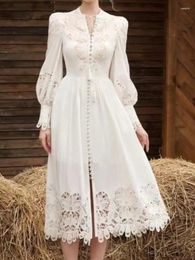 Casual Dresses Beautiful White Lace Up Embroidery Hollow Out Lantern Sleeves Women's Long Dress Ladies Vestidos 2024 Spring Autumn X616