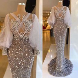 Mermaid Long Designer Evening Sparkly Dresses Sleeves Sequins Crystals Beaded Lace Applique Plus Size Pleats Prom Gown Formal Custom Made Vestidos