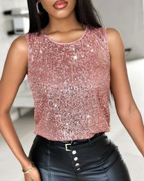 Female Fashion Summer Allover Sequin Round Neck Tank Top Woman Casual Sleeveless T-Shirt Womens Round Neck Vest 240415