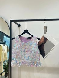 Women's Tanks Colorful Vest Woven Sequins Coarse Tweed Fabric Round Neck Short Tassel Top 2024 High-Quality