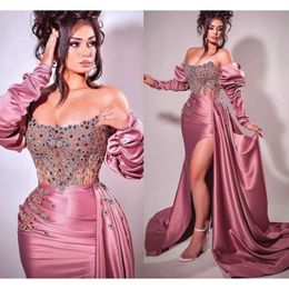 Size Arabic Ebi Plus Aso Mermaid Beaded Crystals Prom Dresses Lace Long Sleeves Evening Formal Party Second Reception Gowns Dress Zj120