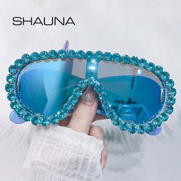 SHAUNA Luxury Crystal Oversized Mirror Coating Women Goggle Sunglasses UV400 240428