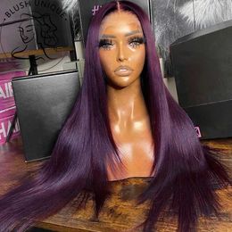 Synthetic Wigs Dark Burgundy straight lace front wig synthetic deep purple HD suitable for women without glue pre picking with baby hair Q240427