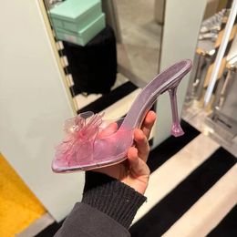 Slippers Pink PVC Petal Sandals For Women's Water Diamond Transparent High Heel Shoes With Slim Heels External Wear