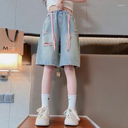 Trousers Girls Jeans Summer Thin Wear Shorts Big Children Fifth Pants Fried Street Dress Ripped All-match