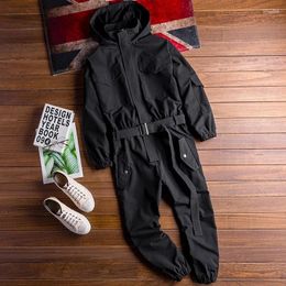 Men's Pants Autumn 2024 Mens Hoody Overalls Long Sleeve Jumpsuit Joggers Cargo Hip Hop Casual Jumpsuits Sashes One Piece Rompers