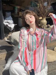 Women's Blouses Onalippa Colourful Striped Sunscreen Shirt Sweet Single Breasted Contrast Pink Shirts Korean Loose Knit Flower Womens Tops