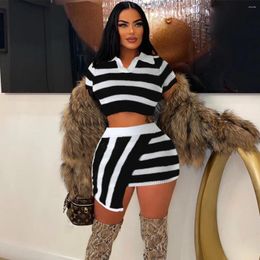 Work Dresses Echoine Turn Down Collar Striped Knit Crop Top And Irregular Mini Skirt Two Piece Set Elegant Slim Sexy Women Outfits Summer