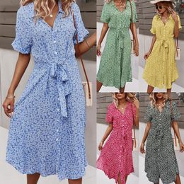 Beach Boho Summer Dress Shirt Floral Vintage High Waist Dresses Women Casual Loose Single-Breasted Midi Slim Elegant Robe 240424