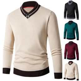 Men's Sweaters Color-blocking Sweater V Neck Knitted With Thick Elastic Warmth Slim Fit Pullover In Contrast Colours For Autumn