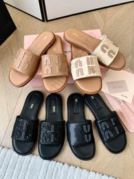 Miui Designer sandals mule Coconut Leaf Fiber Textured Fabric Flat Shoes Women shoes Summer Beach Woven Slippers Fashion Open Toe Flip Flops