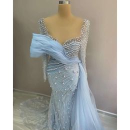 Arabic Nov Aso Light Ebi Sky Blue Mermaid The Bride Dresses Sequined Lace Evening Prom Formal Party Birthday Celebrity Mother Of Groom Gowns Dress Zj040