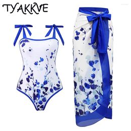 Women's Swimwear TYAKKVE 2024 Vintage Print Women One Piece Swimsuit 3D Flower Monokini Cover Up Bikini Beach Dress Bathing Suit Summer