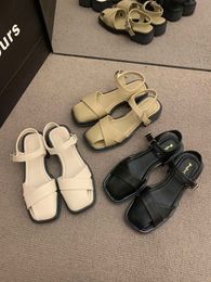 Sandals for Women Apricot Casual Shoes French Green Button Up Square Toe Single Shoes for Women in Summer with Thick Heels, Hollow Out Soft Soles, and Roman Sandals