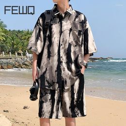 Men's Tracksuits FEWQ Striped Contrast Colour Tie Dyeing Summer Ice Silk Short Sleeved Shirt Shorts Chinese Casual Fashion Set TZ084