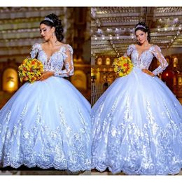 Vestido de noiva Vestido lindo decote de bola de noiva Lindas Mangas compridas Apliques de renda personalizada Made Made Plus Size Vestido de Novia
