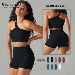 Women's Tracksuits Vnazvnasi 2 Pcs Seamless Suit for Women Single Shoulder Ribbed Bra Set for Fitness Push Up Workout Clothes Sportswear Gym Y240426