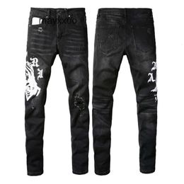 High Demin Stickerei Amiirii #881 Straßenlila Fit Jeans 2024 Herren Slim Fashion Hosen Graben Jean Patch B6U1