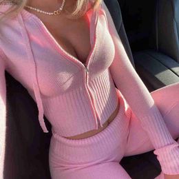 Women's Two Piece Pants Knitted 2-piece womens track suit long sleeved zippered hooded sweater crop top flash pants elastic matching setL240429