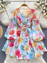 Casual Dresses Neploe Sweet Fresh V Neck Puff Sleeve Print Single Breasted Fit Lace Up Elegant Mujer Loose Big Swing Panelled Robe