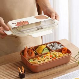 Bento Boxes Cartoon Cute Bear 4-Grid Lunch Box Including Tableware Lunch Bento Box for Students Office Workers Can Be Heated By Microwave