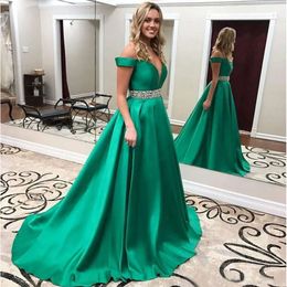 Dresses Off Sexy 2018 Satin Emerald Prom The Shoulder Deep V Neck Beaded Waist A Line Formal Evening Gown Plus Size Custom Made