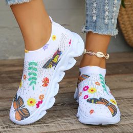 Casual Shoes Fashion Print Knitted Sneakers For Women Non Slip Breathable Mesh Walking Woman Shining Rhinestone Platform Sports