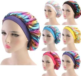 Brand New 2019 Fshion Women Satin Night Sleep Cap Hair Bonnet Hat Silk Head Cover Wide Elastic Band Adjustable Hair Accessory2918191