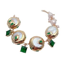 YYING Cultured White Keshi Coin Pearl Green Cz Square Charm Bracelet Fashion Jewellery 240416