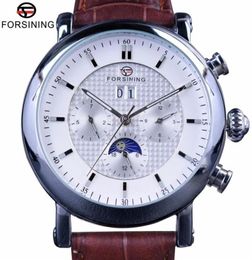 Forsining Fashion Tourbillion Design White Dial Moon Phase Calendar Display Mens Watches Top Brand Luxury Automatic Watch Clock2667506381