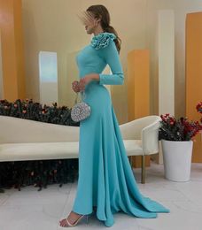 Vintage Long Blue Crepe Evening Dresses with Hand Made Flower Mermaid One Shoulder Pleated Sweep Train Zipper Back Prom Dresses for Women
