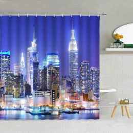 Studio United States City Night View Shower Curtains New York World Trade Building Waterproof Fabric Bathroom Decor Bath Hooks Curtain