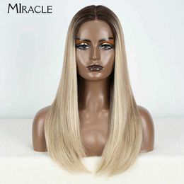 Synthetic Wigs Miracle Ombre blonde wig womens synthetic lace 22 inch soft straight heat-resistant role-playing Q240427