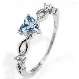 Wedding Rings Fashion Dainty Silver-Color Blue Rhinestone Ring For Women Heart Shaped Hollowed Jewellery Gift Friends