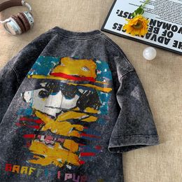 Washed T-shirt Painted Graffiti Tshirt Kawaii Tops Y2k Street T Shirt Oversized Tees Harajuku Couple Short Sleeve T-shirts 240424