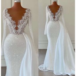 Lace Sequined Arabic Ebi Aso Wedding Dress Mermaid Beaded Pearls Luxurious Bridal Gowns Dresses Zj800 es