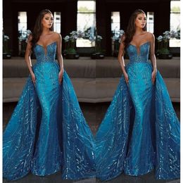 Trägerlos Prom ärmellose Mermaid Sparking Lace Party -Kleider mit Überwachern maßgeschneidertes Abendkleid