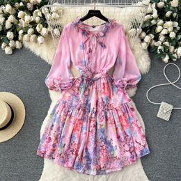 Party Dresses Women Floral Print Chiffon Dress 2024 French Style Long Sleeve Slim Beach Elegant Ladies Vestidos Seaside Holiday