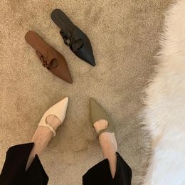 Slippers 2024 Spring Niche Soft Leather Half-toe Low-heeled Women's Outerwear French Temperament Single Shoes