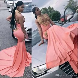 Train Dresses Sweep Prom Coral Gold Halter Applique Lace Beaded Backless Evening Formal Wear Tail Party Gowns Vestidos Custom Made Plus Size