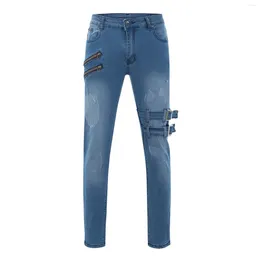 Men's Jeans Ripped Slim Fit Casual Mid-Rise Straight Distressed Trousers Motorcycle Pants Cycling Denim Male
