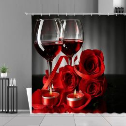 Studio Creative Red Wine Glass Rose Flower Shower Curtains Champagne Beer Mug Festival Celebrate Couples Home Decor Bath Curtain Hooks