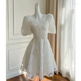 Party Dresses Square Collar Puff Sleeve Cut Out Bare Mid-Riff White Flower Appliques Dress Mini Ball Gown Sexy Outfits
