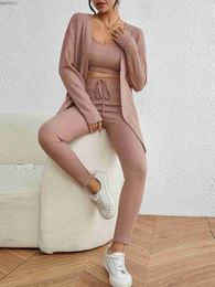 Women's Two Piece Pants Fashionable solid color vest long sleeved jacket with shoulder straps casual sports pants set womens clothingL240429