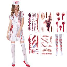 Hospital Bloody Zombie Enfermeira Traje Adultos Halloween Carnival Horror com Meias Tatoo
